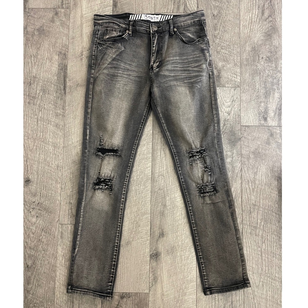 RGSTR Kids Washed Grey Distressed Slim Fit Jeans Size 34 Streetwear Ripped Denim